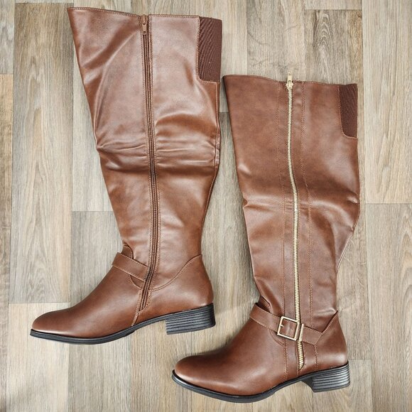 Shoe‎ Dazzle Balmani-WC Women's Size 10 Brown Faux Leather Zip Up Riding Boots - Picture 2 of 7